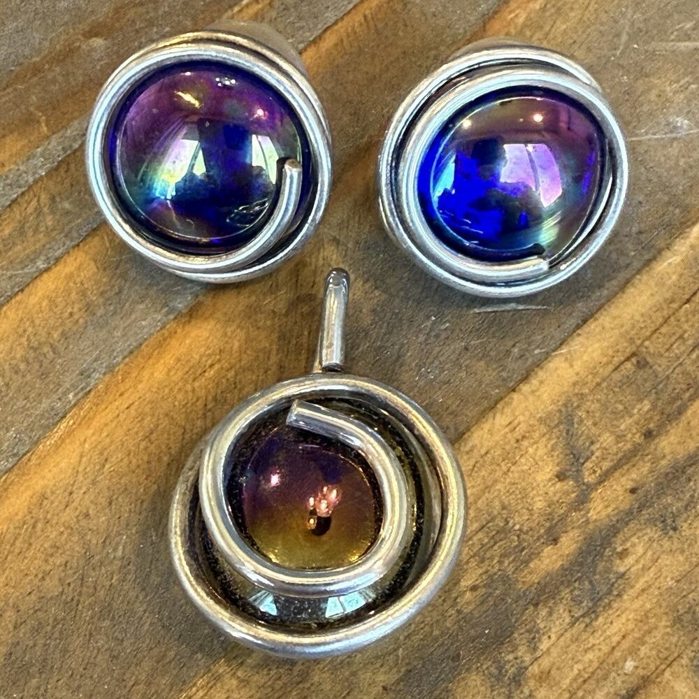 Mid Century Modern Sterling Silver Rainbow Glass Marble Earrings & Pendant VTG